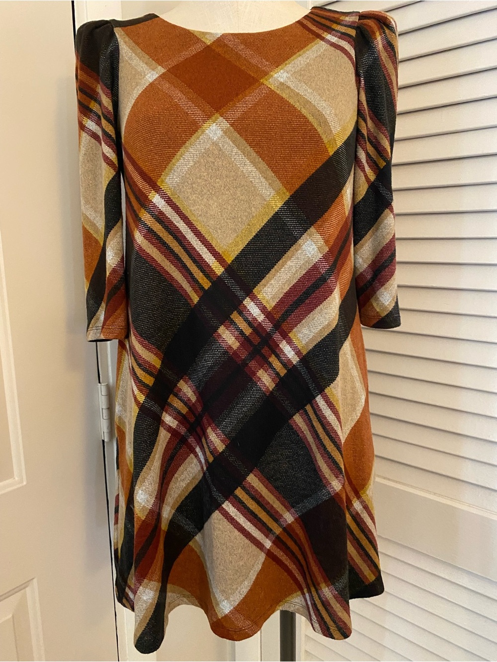 “JH” Plaid A-Line Mini Flannel Dress in Rust, Black and Cream- Size SP